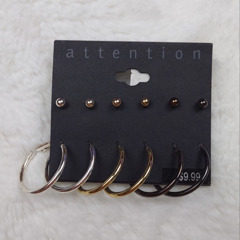 Attention Hoop & Post Earrings Set | Silver Gold Black Metal Color | 6 Pairs